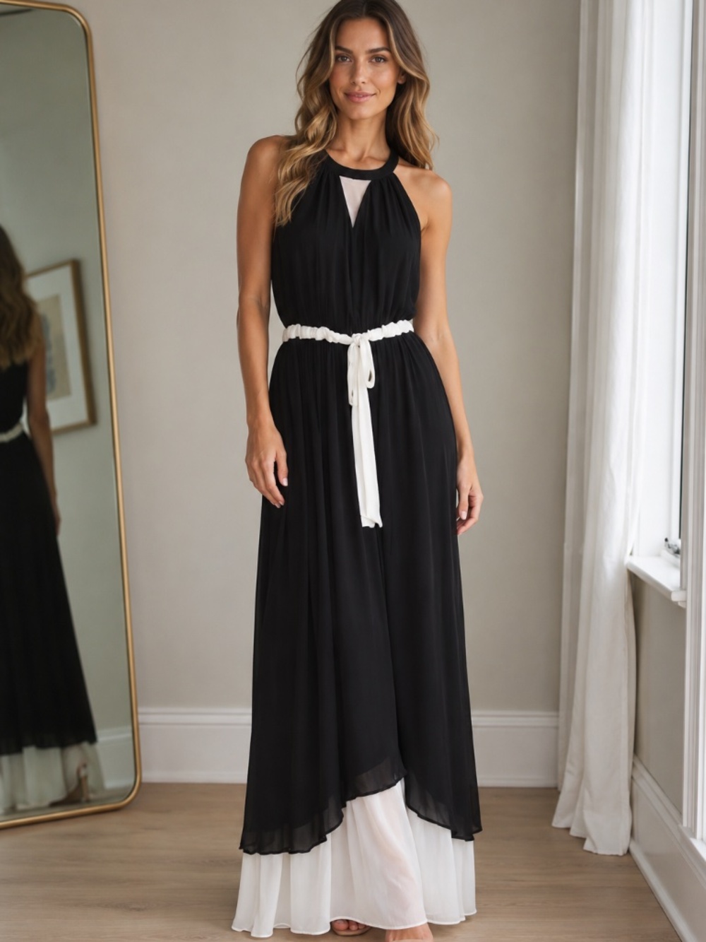 NWT Ralph Lauren Black and White Chiffon Maxi Gown